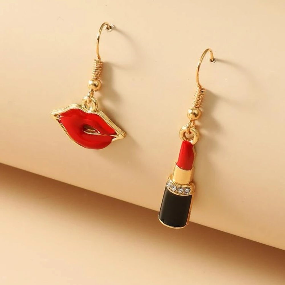 Lipstick and Kiss Lips Mismatched Novelty Drop Earrings